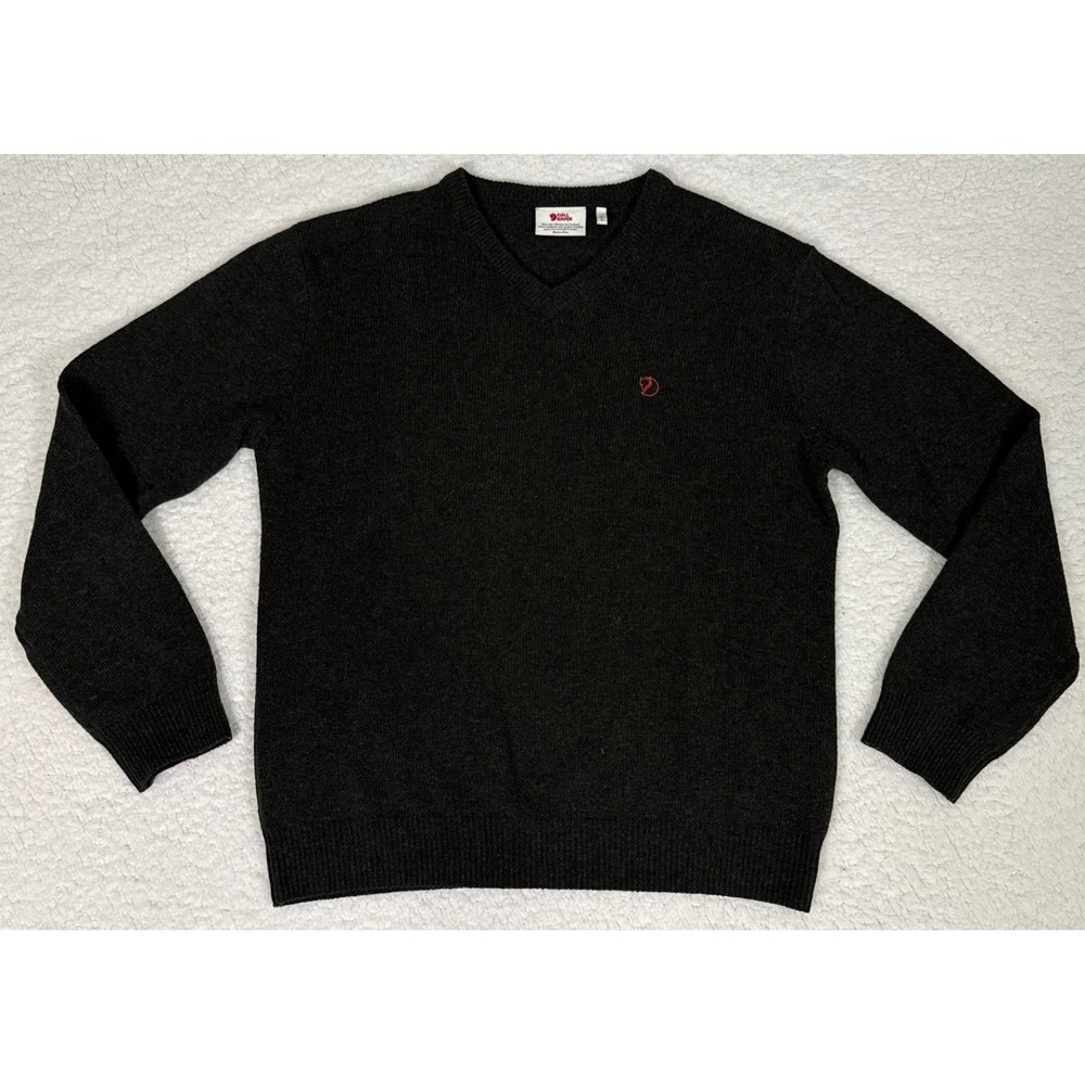 Fjallraven Shepparton Sweater Mens Medium Dark Grey 100% Wool V-Neck Pullover
